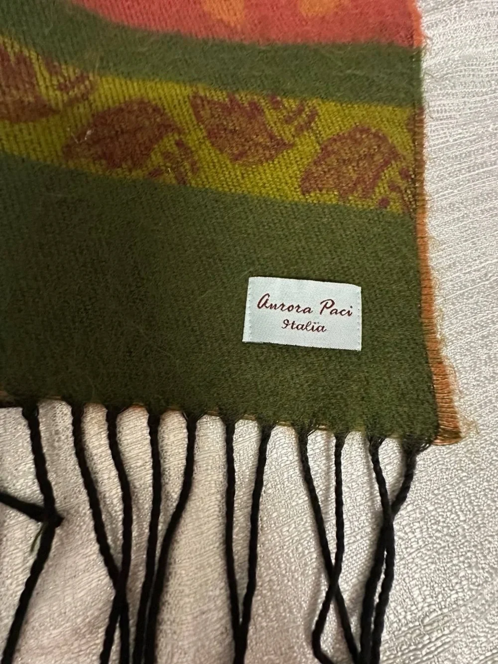 Rust Floral Border Wool Blend Scarf Wrap with Green Accents